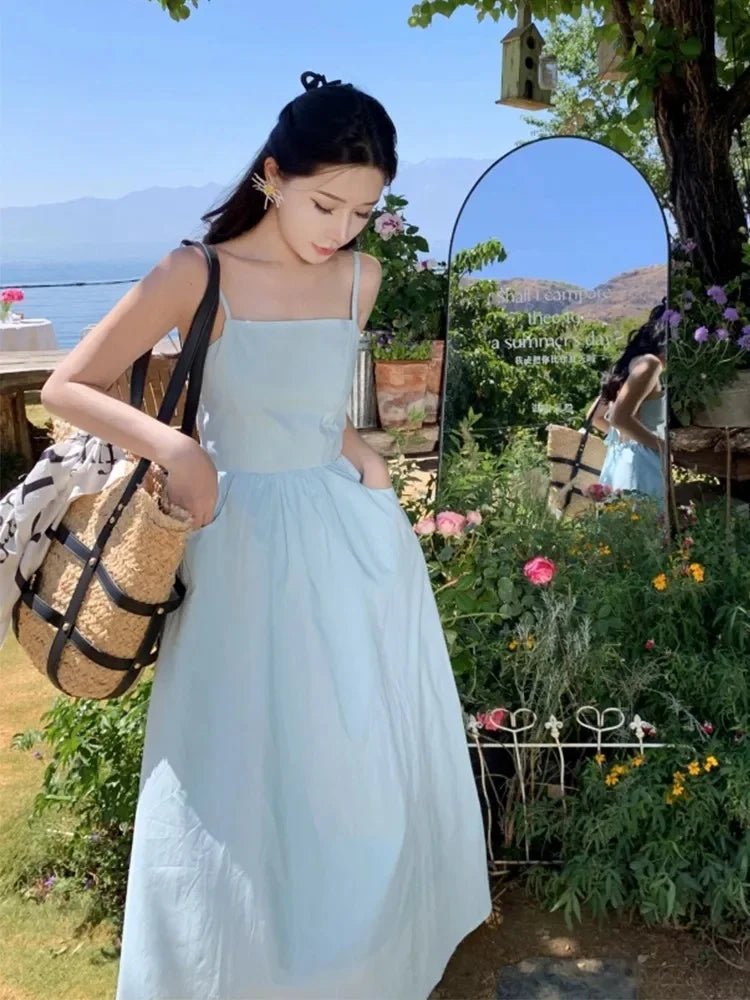 French Style Sexy Open-Back Blue Tank Dress Women's Summer Vacation Beach A- Line Long Dress Beach Vacation Dress