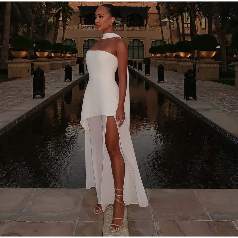 Elegant Yellow Gauze Off Shoulder Scarf Neack Long Dress Women Fashion Sleeveless A-line Vestido 2025 Summer Vocation Party Robe