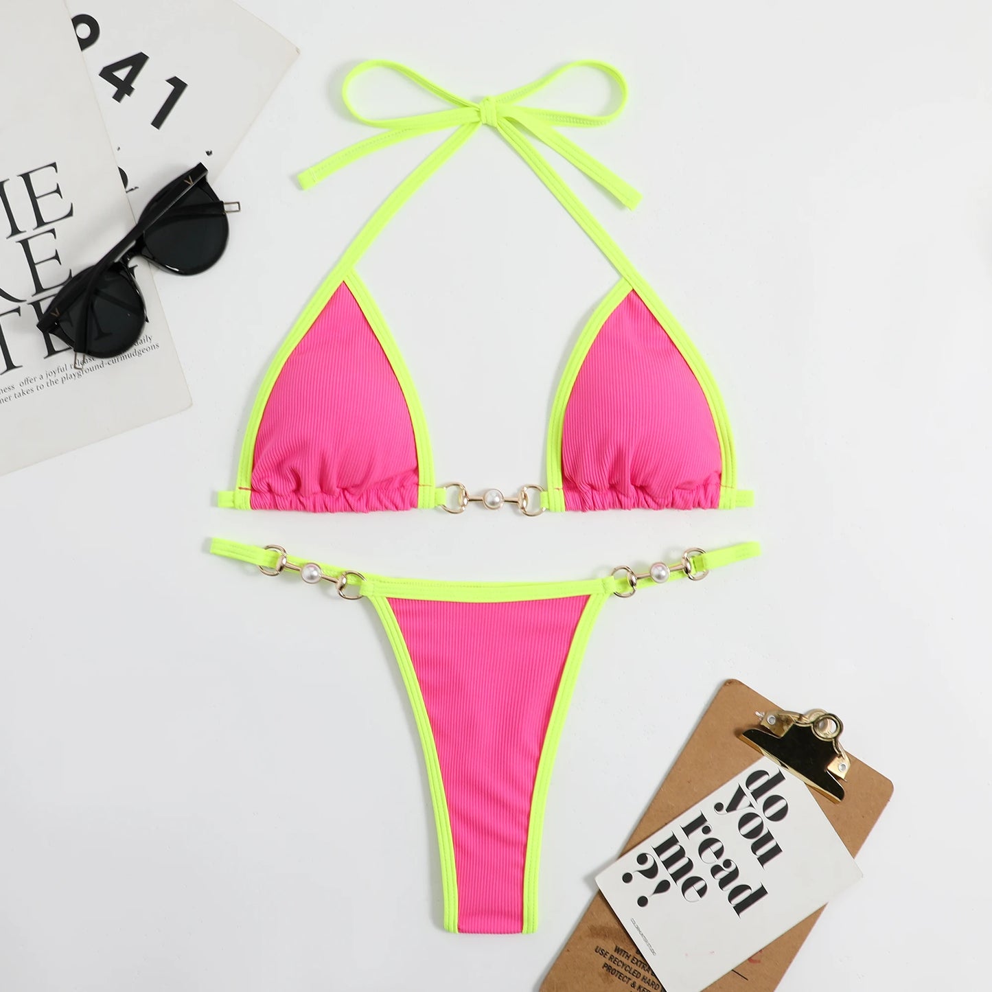 2023 New Sexy Ribbed Bikini Set Pearl Swimwear Women Swimsuit Female Halter Strappy Bikini Patchwork Bathing Suit Beachwear Swim