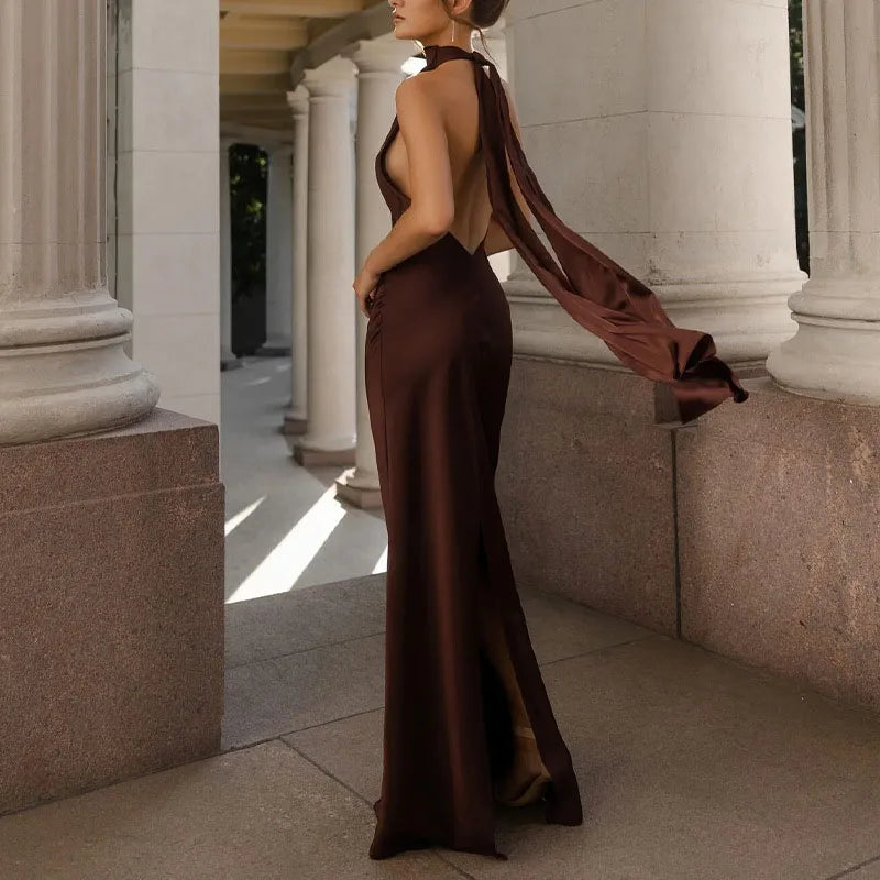 Robes Woman Elegant Solid Satin Party Dresses Spring Halter RIbbons Backless Maxi Dress Summer Hollow Sleeveless Slim Long Dress
