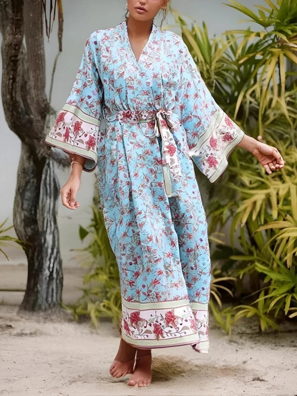 Vintage Chic Women Blue Floral Print Summer Bohemian Kimono Dress Ladies Batwing Sleeves Boho Maxi Bikini Cover-ups Beach Wear