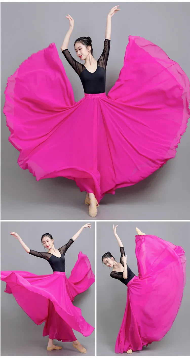720 Degree Wide Dancing Skirt Chiffon Double Layer Semi-Long Dress Women's Solid Color Xinjiang Dance Skirt