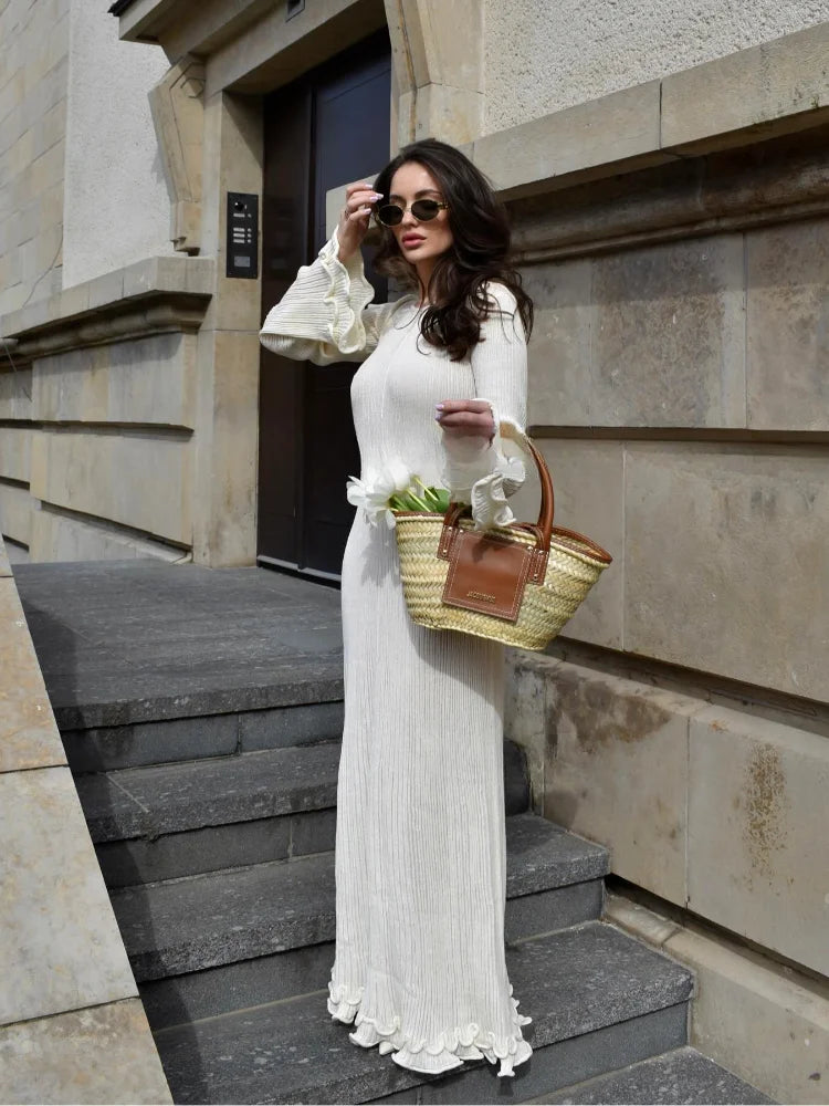 Fashion Solid Ruffles Pleated Loose Long Dress Women Elegant Round Neck Flare Long Sleeves Maxi Dresses Lady High Street Wear