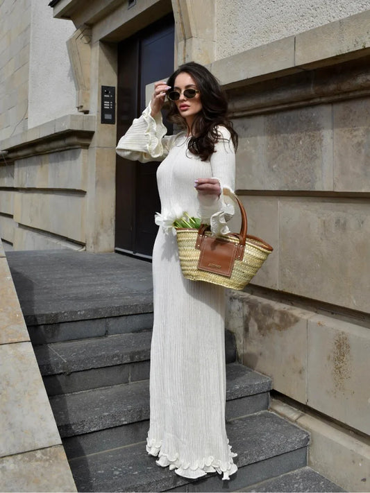 Fashion Solid Ruffles Pleated Loose Long Dress Women Elegant Round Neck Flare Long Sleeves Maxi Dresses Lady High Street Wear