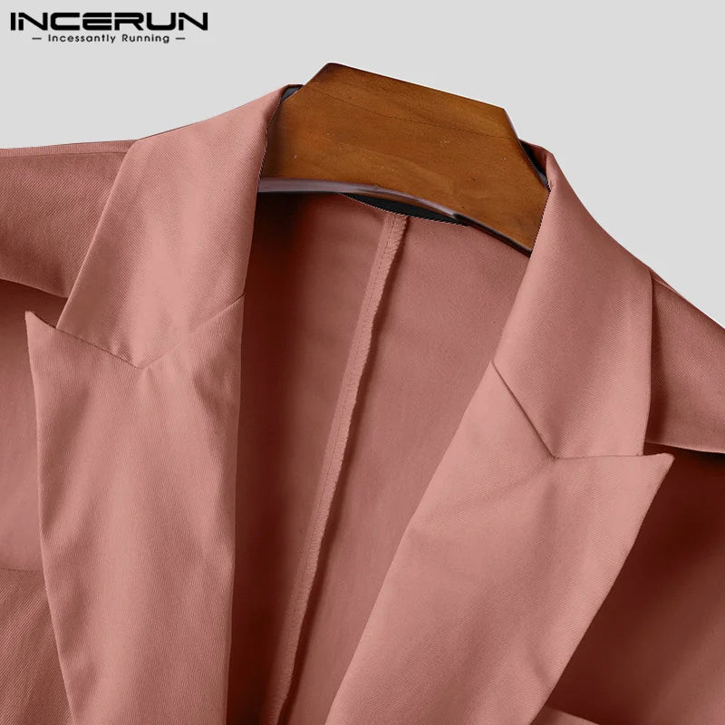 INCERUN Tops 2025 American Style Fashion Men Hollow Button Design Suit Coat Casual Streetwear Solid Long Sleeved Lace Up Blazers