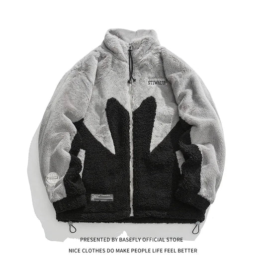 Winter Thick Warm Letter Embroid Maple Leaf Lambswool Sheep Fur Like Men Bomber Coat Unisex Women Jacket High Streetwear Couple
