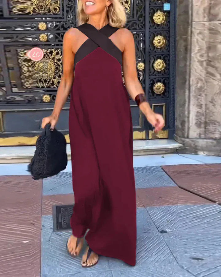 Summer Casual Loose Beach Dresses Fashion Off Shoulder Multi-color Holiday Dress 2025 New Women Halter Color Blocked Long Dress