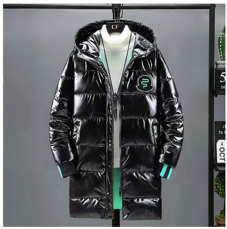 Men's Mid Length Cotton Down Jacket, Thick Down Overcoat, Glossy Coat, Quilted Hoodie, Hat, Winter Trend, Casual, New
