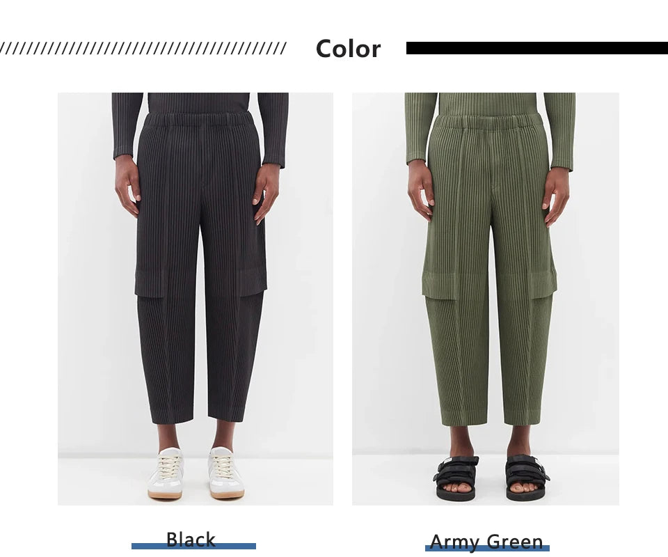 Miyake Pleated Men Cargo Pants Pleated Straight Pants Loose Overalls Men Baggy Black Trousers Fashion Casual Streetwear Pants
