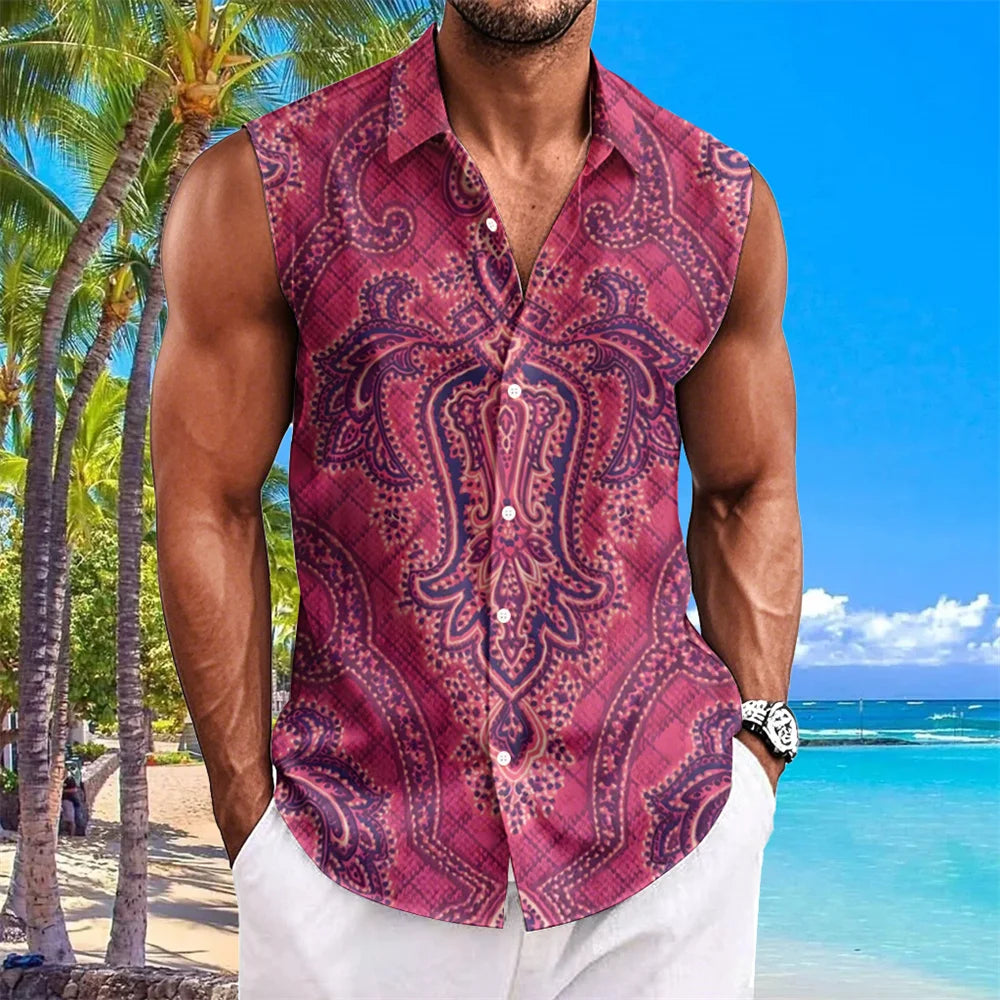 Ethnic Style Men's Shirts Cashew Flower Print Sleeveless Lapel Tops Hawaiian Shirt For Men Casual Vintage Oversized Men Clothing