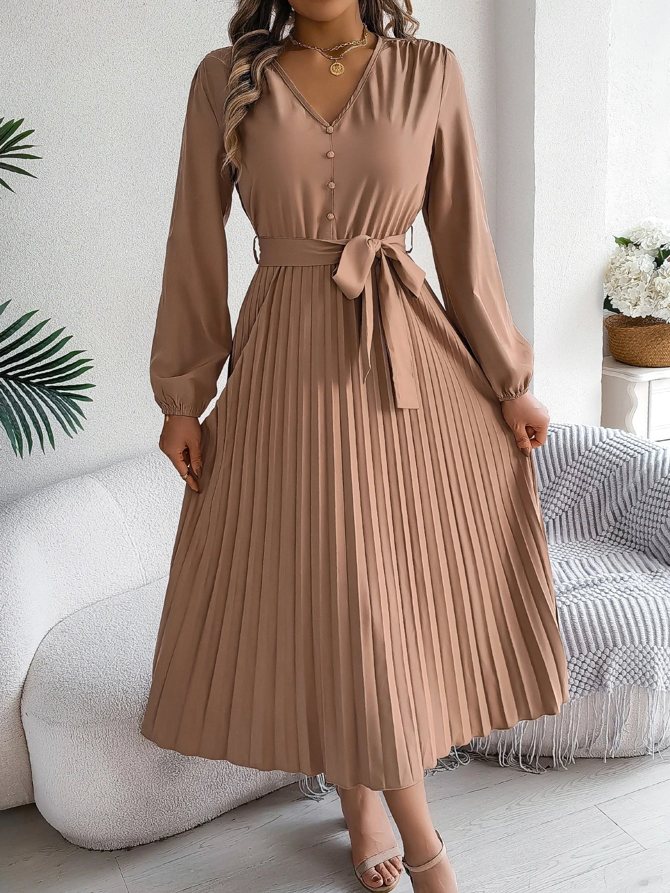 Autumn Winter Elegant V-Neck Button Belt Long Sleeved Solid Color Pleated Long Dress For Women Dresses