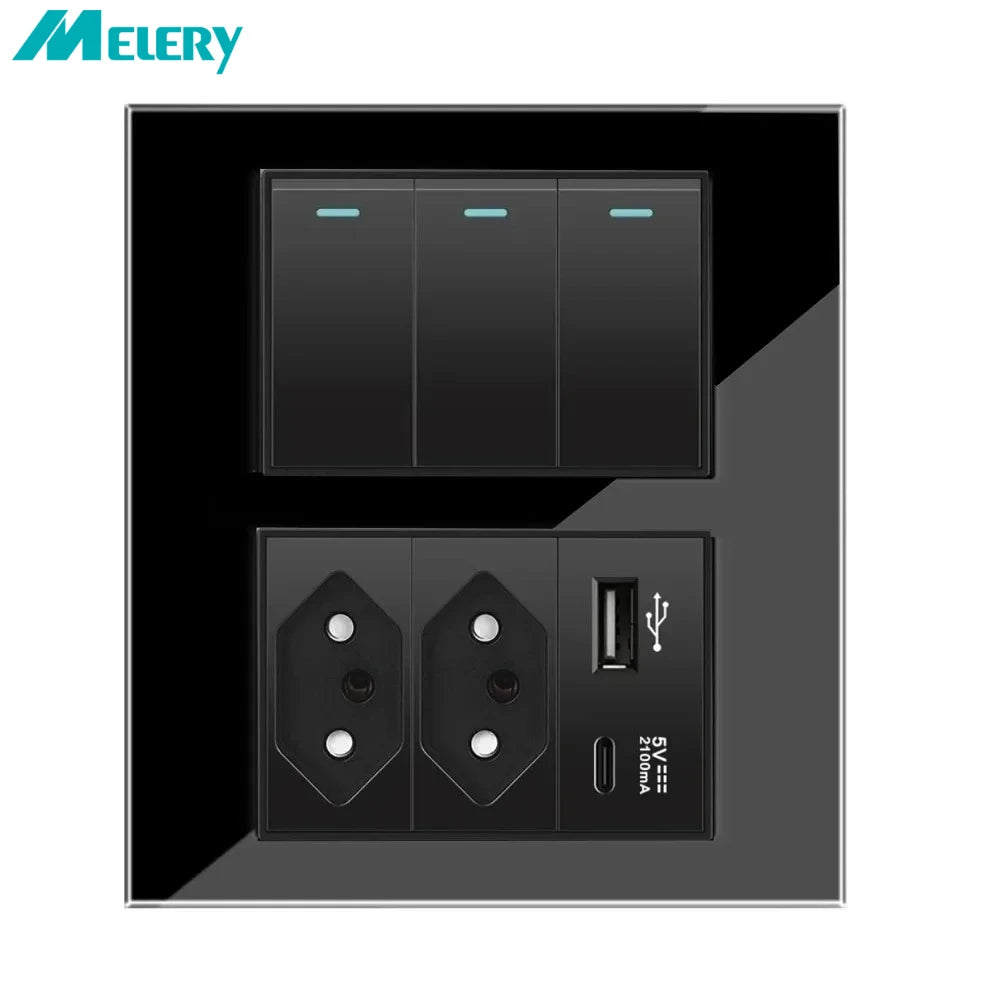 Melery 4*4 Brazil Plug 20A Wall Socket Tomada USB Type C Pressure Switch Tempered Glass Panel Outlets Indoor Home Office Kitchen