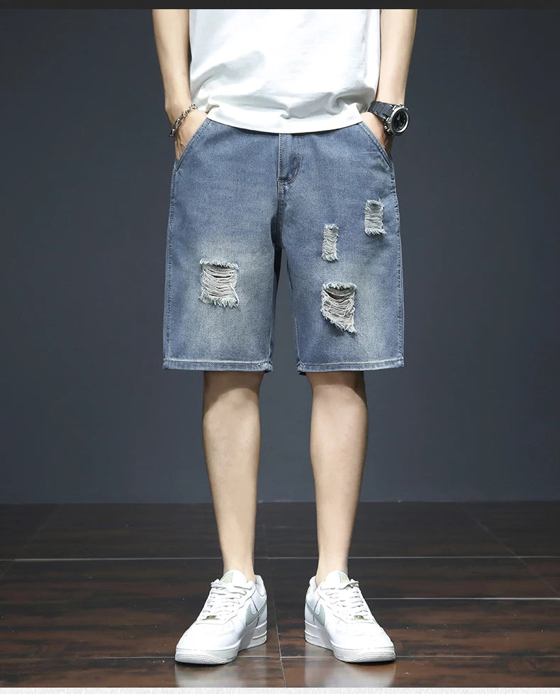 Summer Men's Blue Denim Shorts Y2k Cotton Loose Straight Ripped Fashion Shorts Men Korean Trendy Casual Streetwear Short Jeans