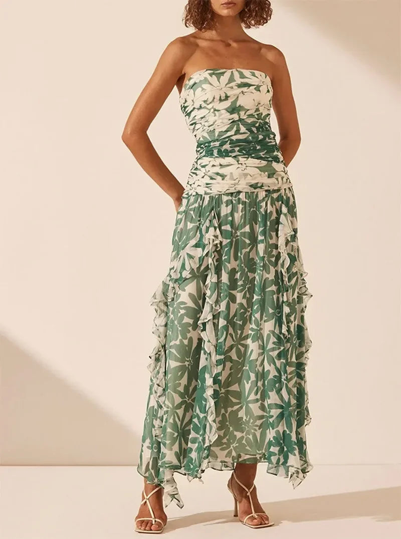 2025spring/summer New Printed Strapless Long Dress with A Stylish Design and Pleated Long Chiffon Dress for Women's Evening Wear