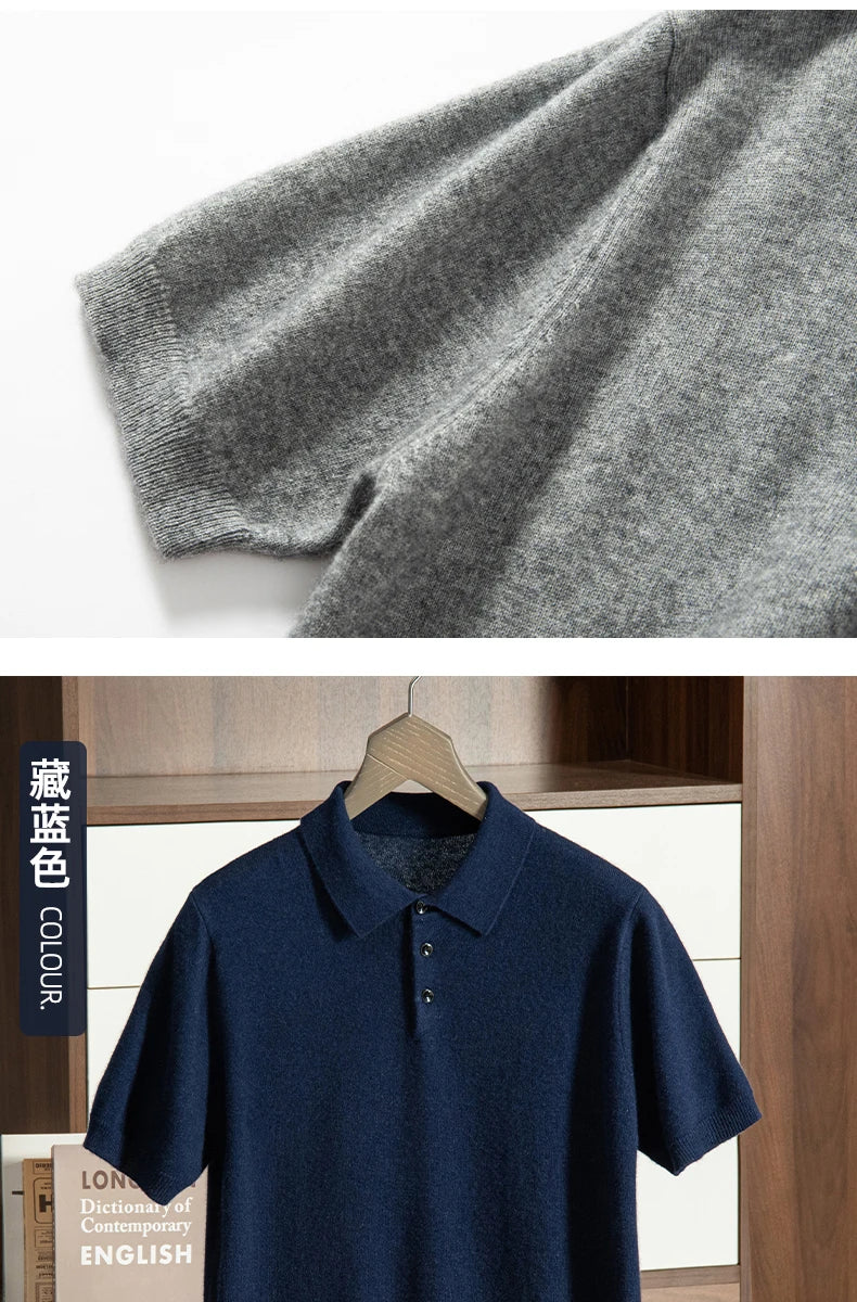 High End Men's 100% Cashmere T-shirt POLO Collar Pullover Shirt Casual Business Knitted Short Sleeved Summer Half Sleeved Top