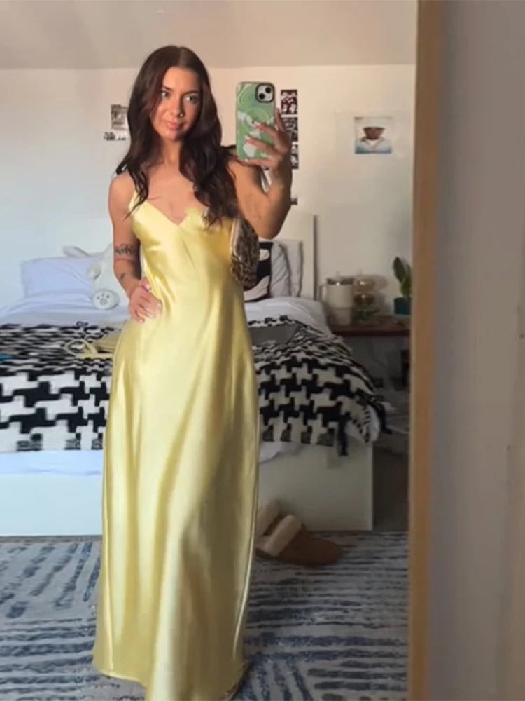 Women Solid Satin Backless Sexy Long Dress Fashion Sleeveless Bodycon Spaghetti Strap Dresses 2025 New Vocation Party Vestidos