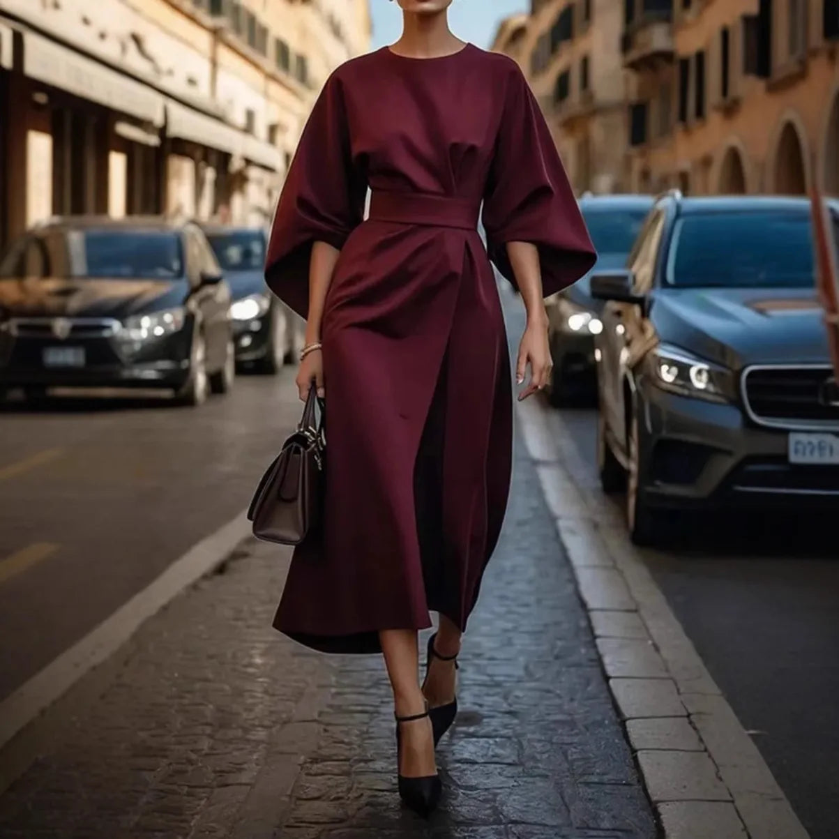 2025 Spring/Summer New Elegant Women's Dress Fashion Casual Solid Color Waist Round Neck Bat Sleeve Long Dress
