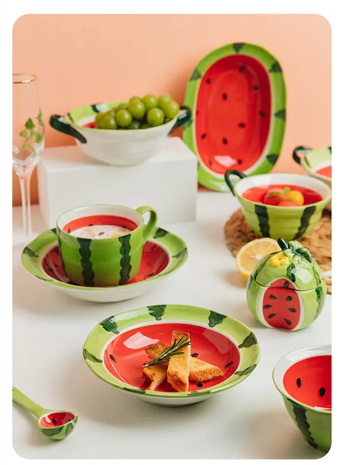 Watermelon Bowl Ceramic Bowl Plate Set Home Ramen Bowl Cute Hand-painted Tableware Children's Rice Bowls Kitchen Accessories