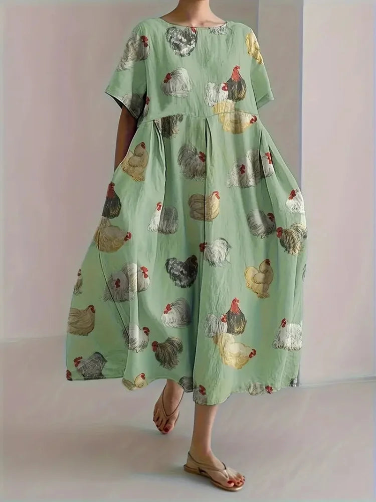 Cute Cat 3D Printed Round Neck Elegant Knee-length Dress Outdoor Holiday Casual Women's Long Dress Elegant Women's Long Dress