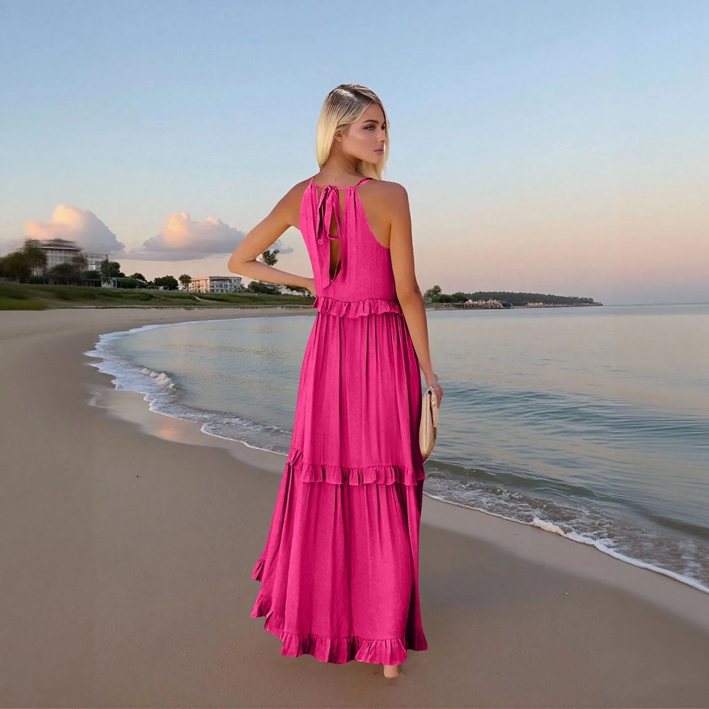 Women's Ruffled hem layered long dresses Summer Sleeveless backless dress Fashion Long Dress Big Swing Beach Dress vestidos