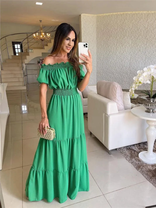 Women's Dress One-line Collar Spring And Summer Short-sleeved New Green Long Dress Fashion Casual Loose Beach Party Dresses Robe