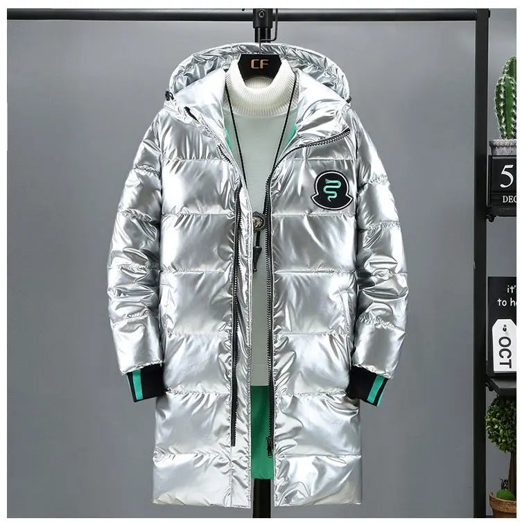 Men's Mid Length Cotton Down Jacket, Thick Down Overcoat, Glossy Coat, Quilted Hoodie, Hat, Winter Trend, Casual, New