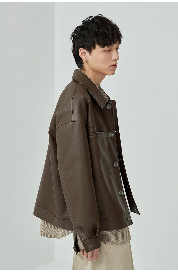 Mauroicardi Spring Autumn Short Oversized Brown Black Soft Faux Leather Jackets for Men Pockets Long Sleeve Korean Fashion 2022