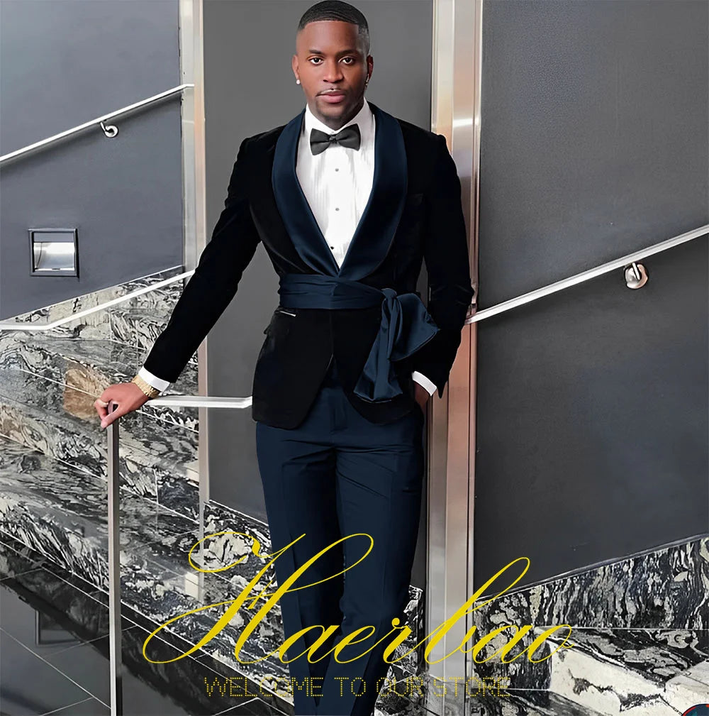 Black Mens Wedding Tuxedo Velvet Suit Two Piece Shawl Collar Jacket Pants Formal Groom Party Blazer