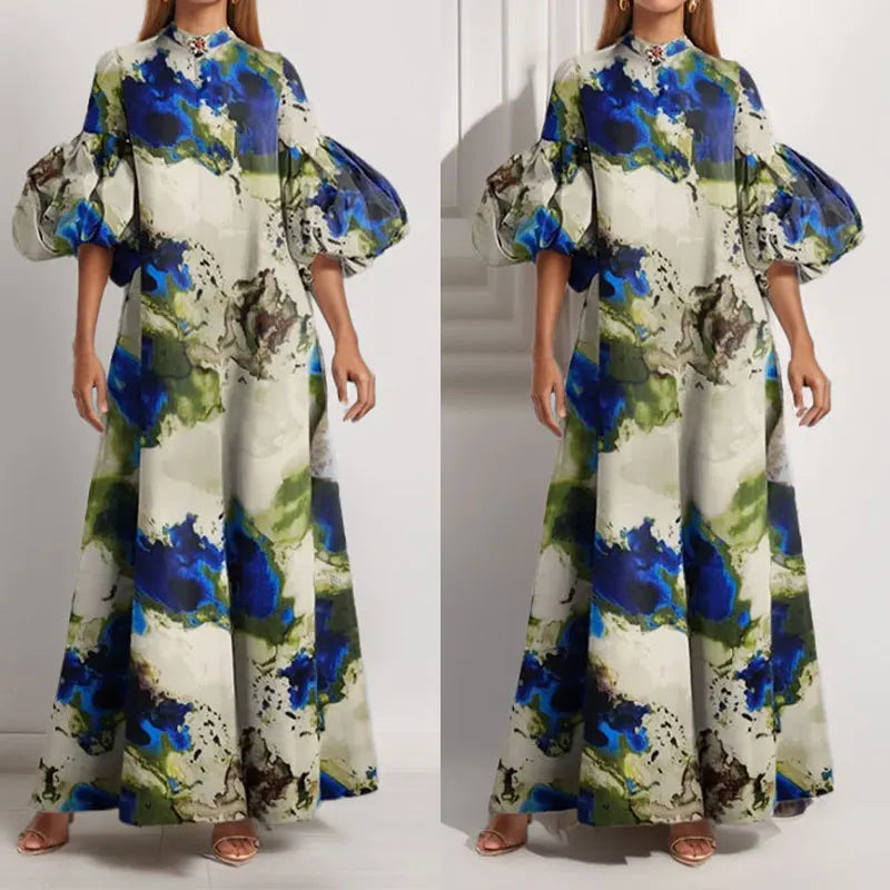 Women's Printed Maxi Dress Elegant Ladies Lantern Sleeve Loose Long Dress Summer New Evening Party Dress For Women