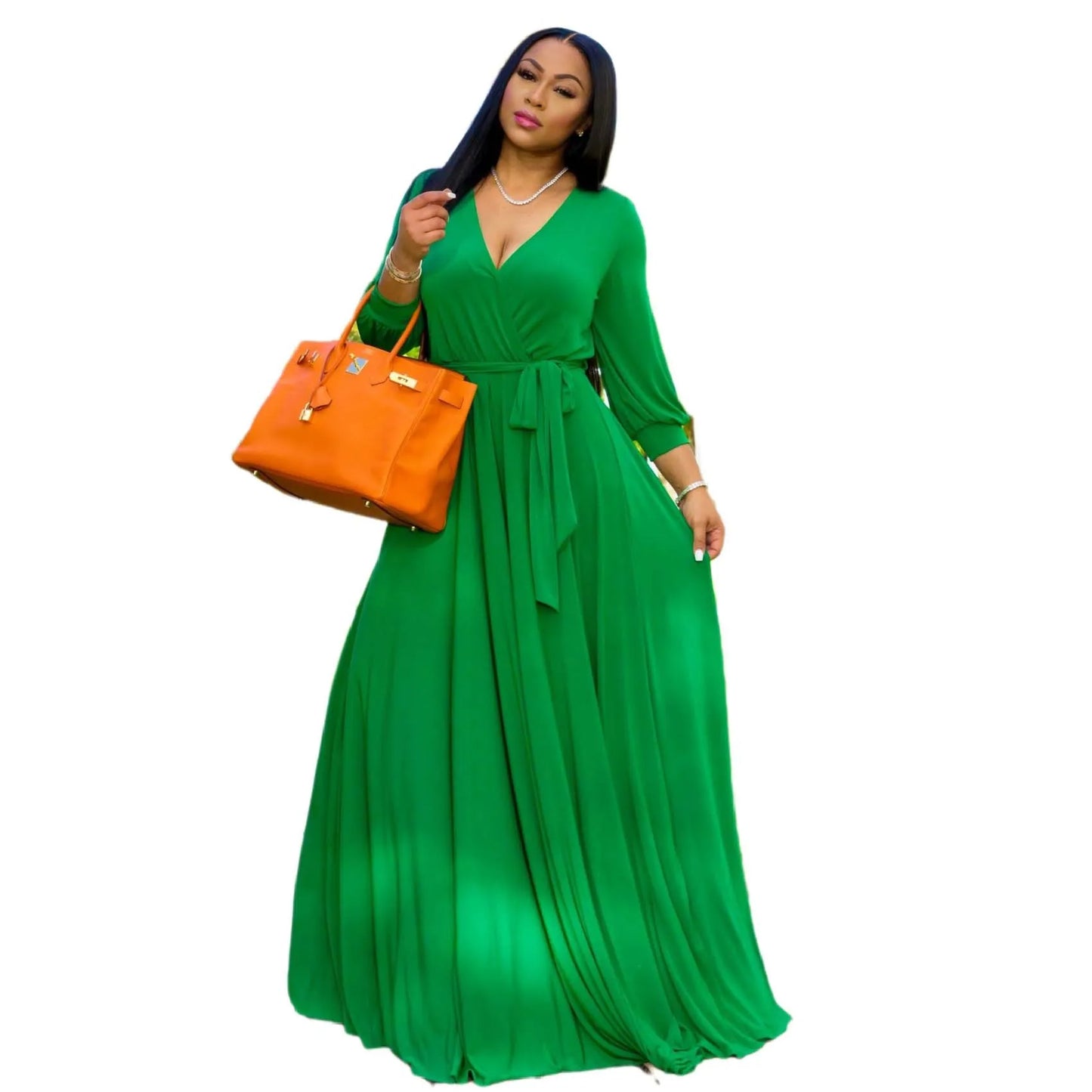 CM.YAYA Elegant Women Wraped V-neck Long Sleeve with Sashes Maxi Long Dress Chic INS Sexy Party Prom Big Swing Pink Dresses