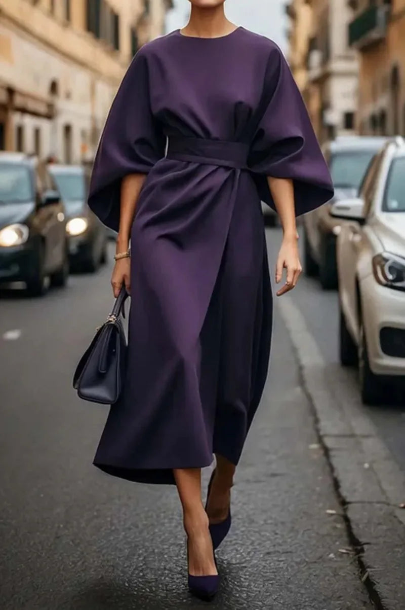 2025 Spring/Summer New Elegant Women's Dress Fashion Casual Solid Color Waist Round Neck Bat Sleeve Long Dress