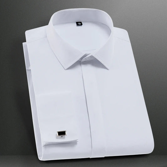 Men's French Cuffs Dress Shirt Long Sleeve Fit Elegant Gentleman Romantic Wedding Party Business Fashion White Shirts