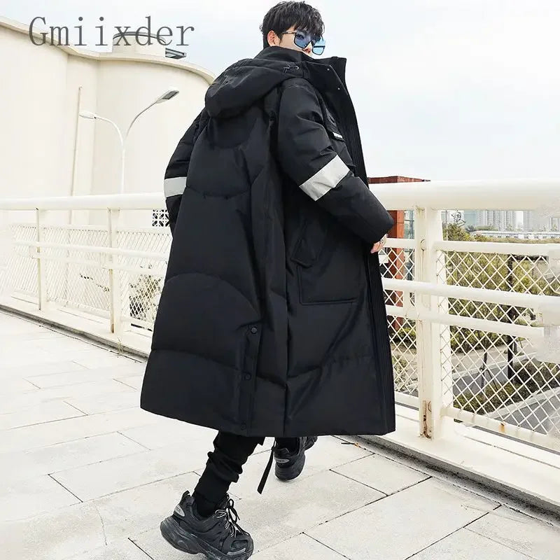 Gmiixder 2023 New Over Knee Down Coat Men's Mid Length Couple Thickened Multi Pocket Parkas Youth Work Wear Winter Long Jacket