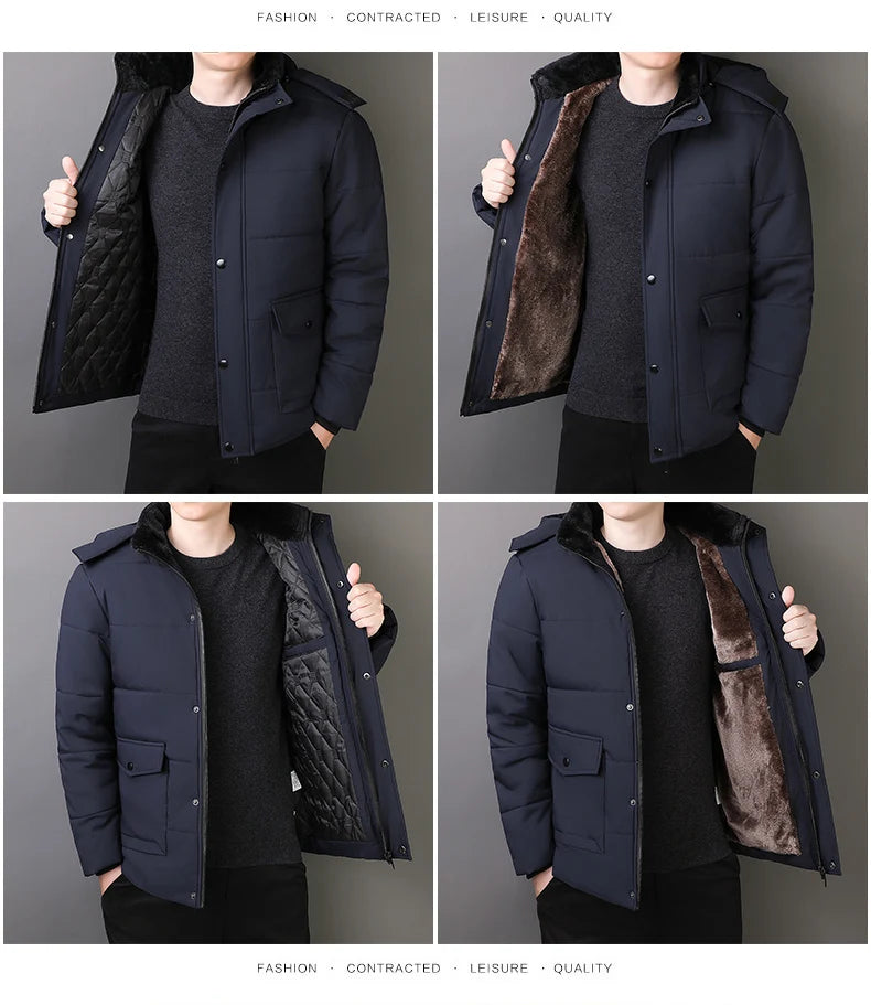 YJKVUR 2024 Winter New Jacket Men Mid-Length Thick Warm Waterproof Hooded Parka Windbreaker Military Fleece Plus Size Coat
