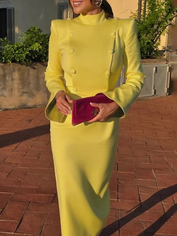 UOOZEE 2025 New Women Elegant Party Evening Midi Dresses Fashion Buttoned Flared Sleeves High Waisted A-line Commute Long Dress