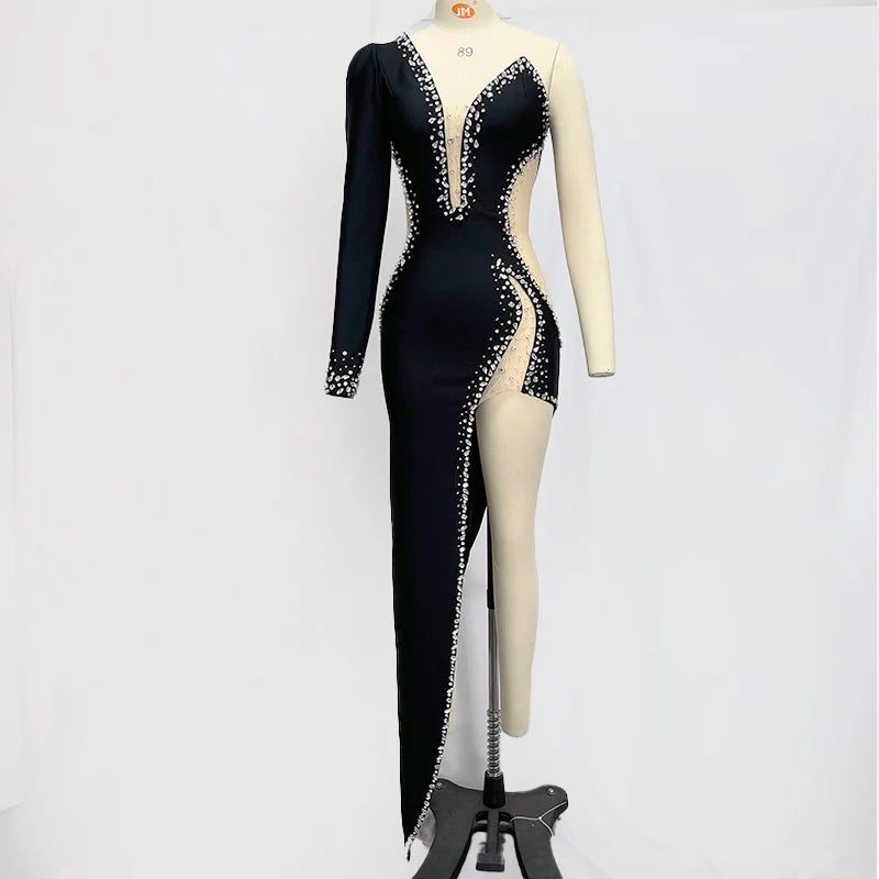 Factory Wholesale Women's Black Diamond Strapless High-End Luxury Sexy Celebrity Cocktail Party Bandage Long Dress