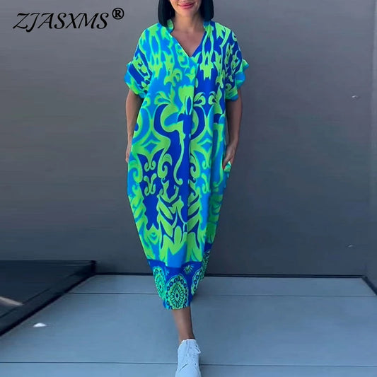 Retro Fashion Spring V Neck Party Dresses Woman Elegant Floral Print A-Line Long Dress 2025 Summer Short Sleeve Loose Boho Dress