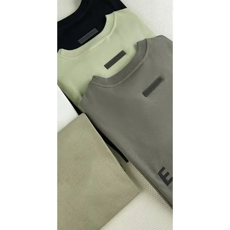 Season 7 Double Lined Back Two Rows Silicone Letter Men's Short Sleeve Classic Brand High Street Round Neck T-shirt Pullover Top