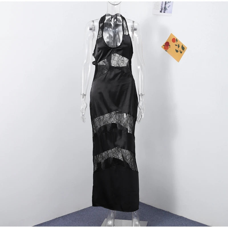 New Sexy Lace V-neck Sling Long Dress Women Retro Black Perspective Sleeveless Patchwork Maxi Dresses Female Chic Street Party