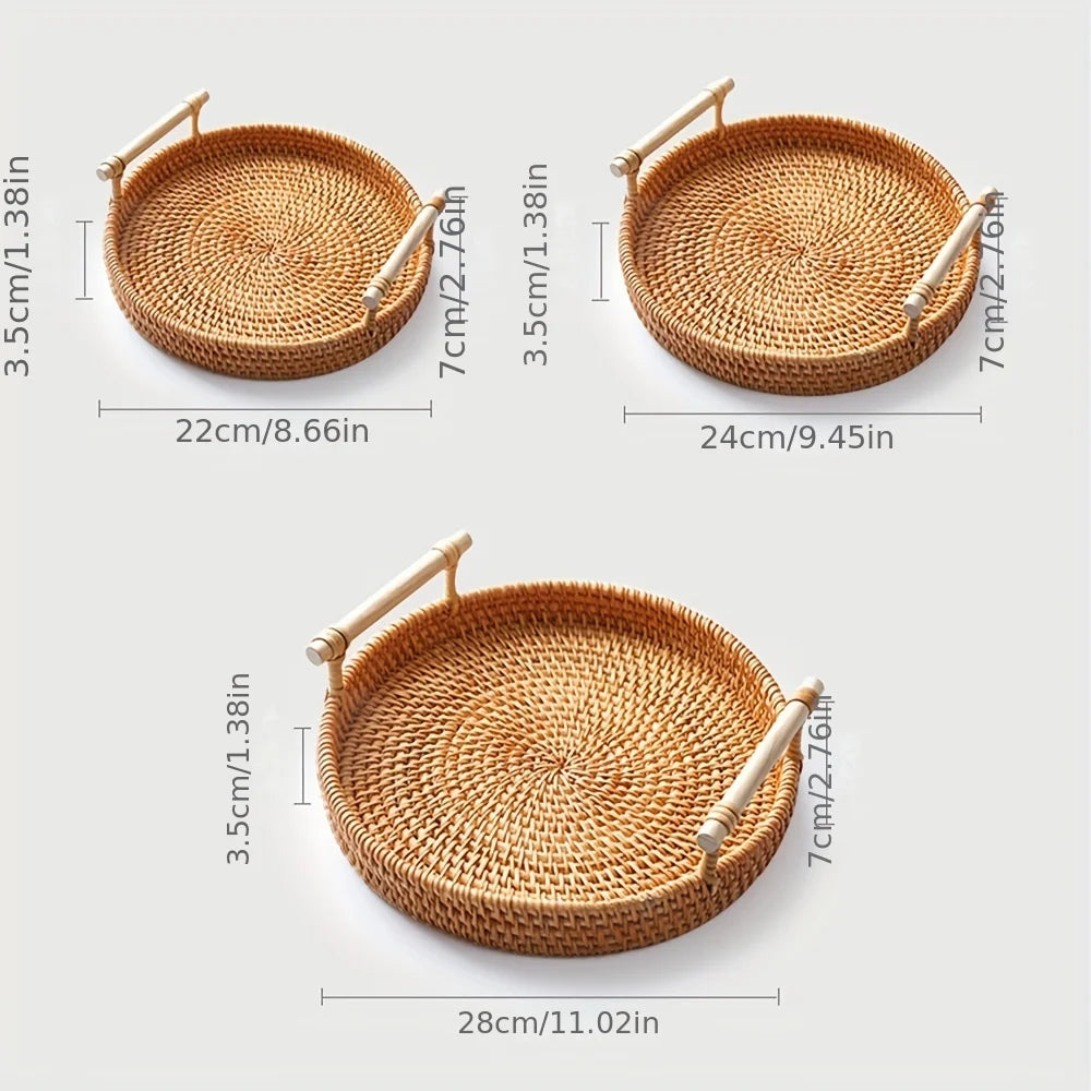 Rattan Tray Round Storage Basket Tray with Handles Natural Hand Woven Baskets Bread Fruit Food Plate Tray Home Kitchen Supplies