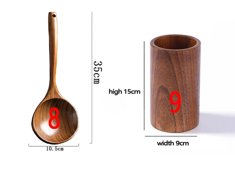 1~9PCS Thailand Teak Natural Wood Tableware Spoon Ladle Turner Long Rice Colander Soup Skimmer Cooking Spoons Scoop Kitchen Tool