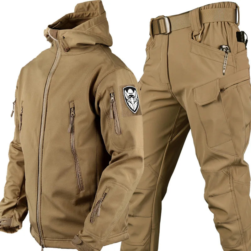 Winter Tactical Sets Men Outdoor Work Fleece Jacket Waterproof Shark Skin Soft Shell Hooded Jacket Multi-pocket Cargo Pant 2 Pcs