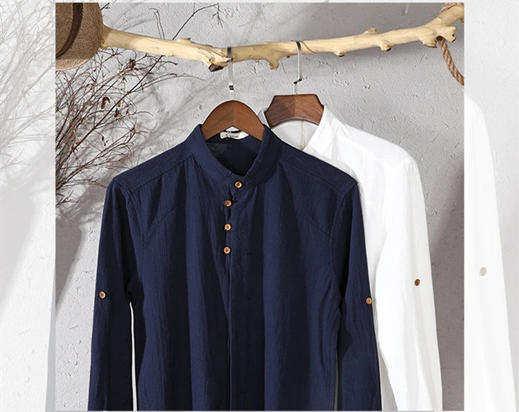 Men Spring Autumn Japan Vintage Style Cotton Linen Shirts Stand Collar Slim Fit Single Breasted Simple Design Soft Casual Shirt
