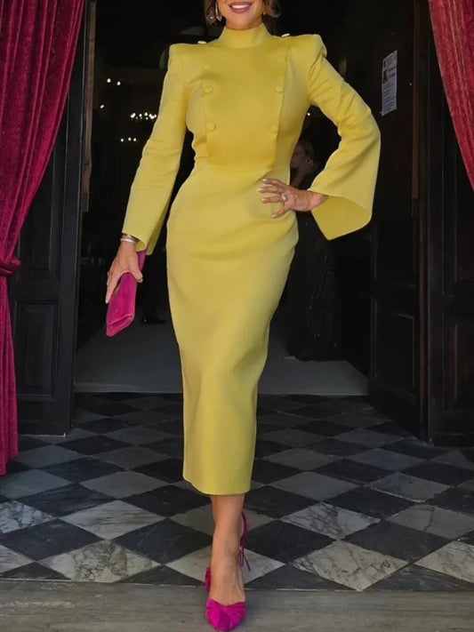 UOOZEE 2025 New Women Elegant Party Evening Midi Dresses Fashion Buttoned Flared Sleeves High Waisted A-line Commute Long Dress
