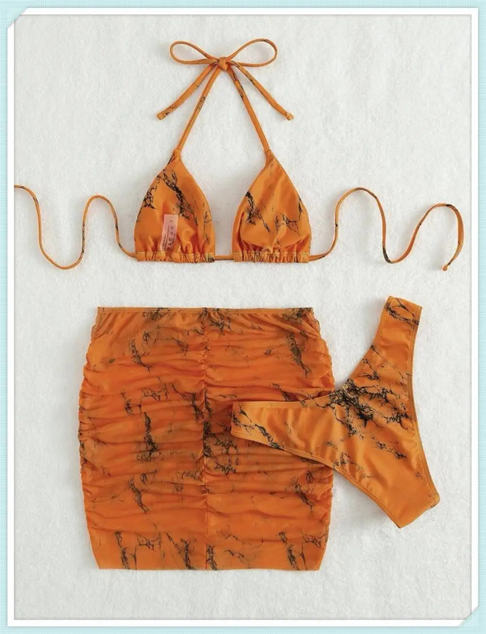3 Pieces Thong Bikini Set With Skirt Marble texture Bathing Suit Women Swimsuit Set Female Swimwear Beach Wear Swimming Summer