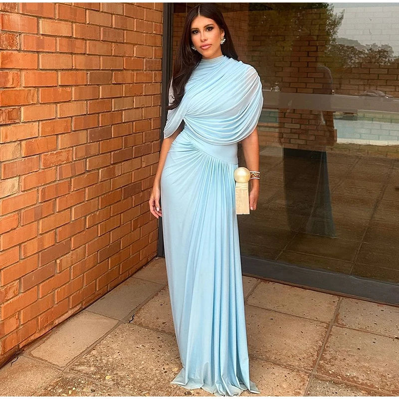 Shawl Long Dress Women Elegant Asymmetrical Chiffon Pleat Slim Waist Maxi Dresses 2025 Summer New Female Evening Party Prom Gown