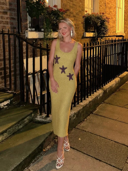Star Pattern Knitted Sequins Long Dress Women Sleeveless O-neck Solid 2025 Summer Fashion Slim Dresses Vacation Party Vestidos