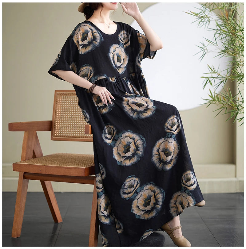 Oversized Summer Bohemian Style Long Dress Women Ruffle Pleated Fashion Flower Print Ladies Dresses Loose Casual Woman Dress