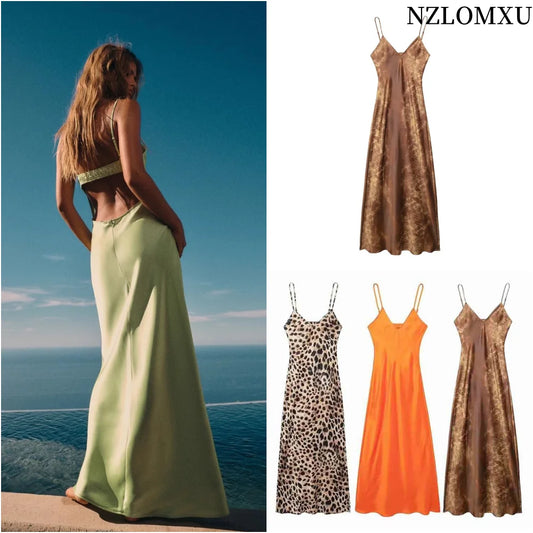 Women Fashion Summer New Sleeveless Underwear Style Backless V-Neck Sling Long Dress Chic Female French Elegance Evening