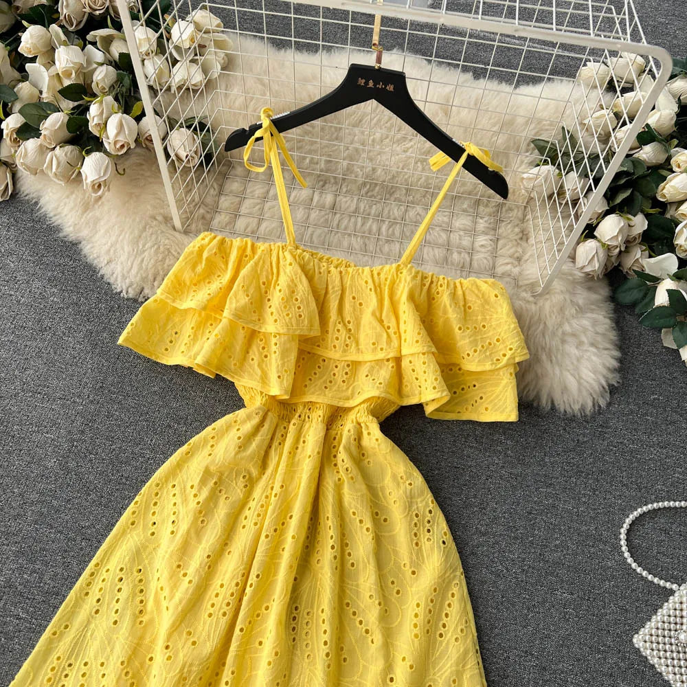 SINGREINY High Street Cotton Embroidery Long Dress Women Hollow Out Backless Beach Sundress Fashion Off the Shoulder Sexy Dress